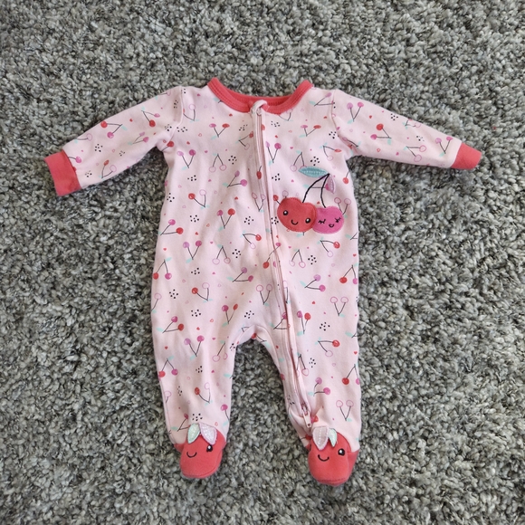 Baby Girl Pajama Bundle 0-3 Months Pink Blue Zip Up Flower, Cherry Strawberry - Picture 4 of 5